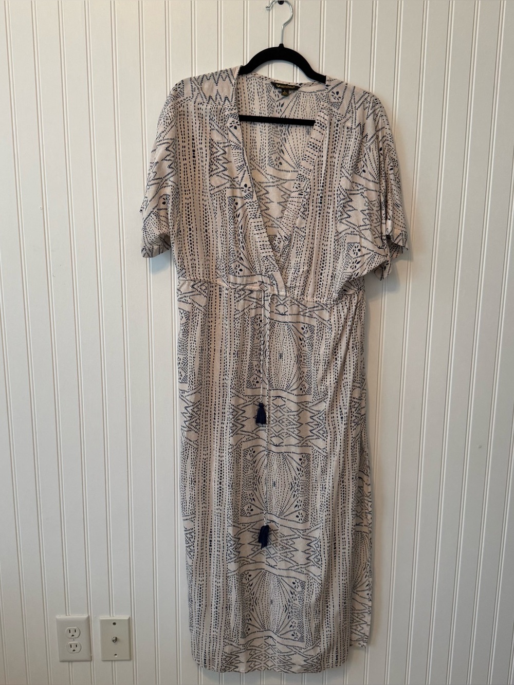 Spiaggia Dolce Geometric Tassel Tie V-Neck Maxi Dress Size L Cream Navy Blue